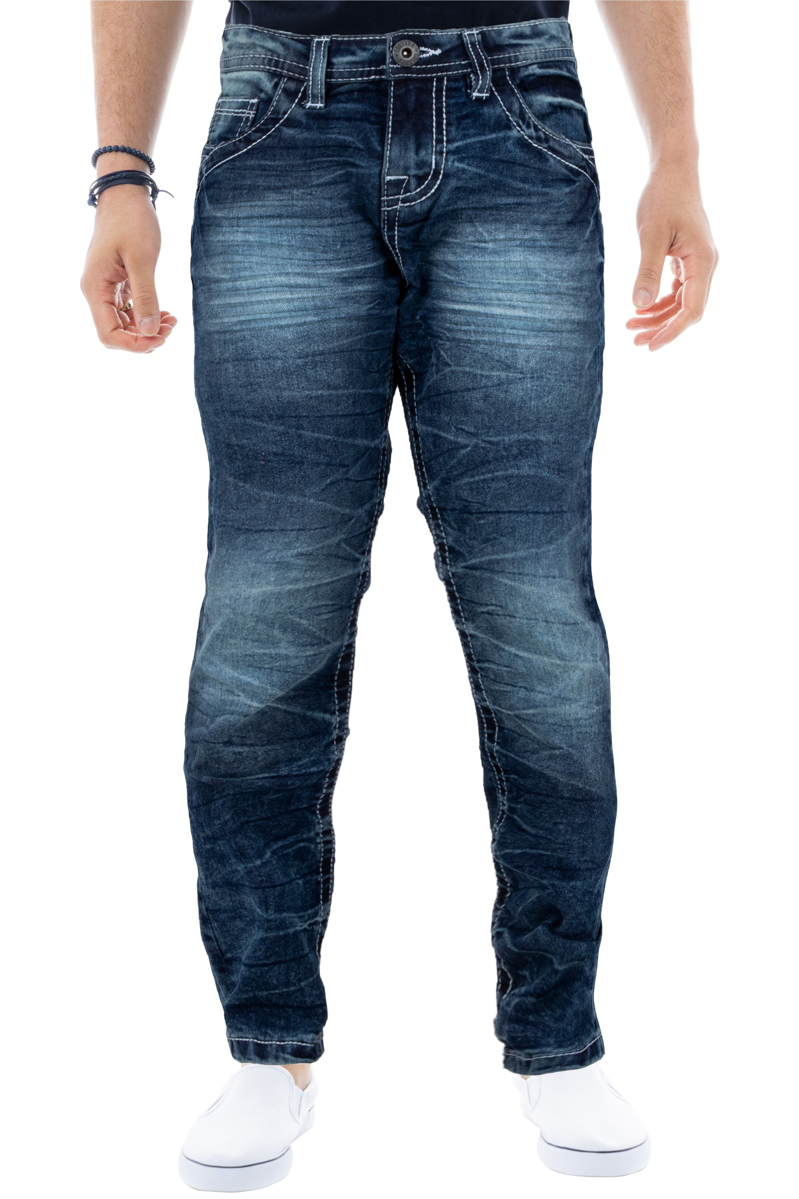 CULTURA Boy's Slim Fit Washed Saddle V stitch Denim Pants