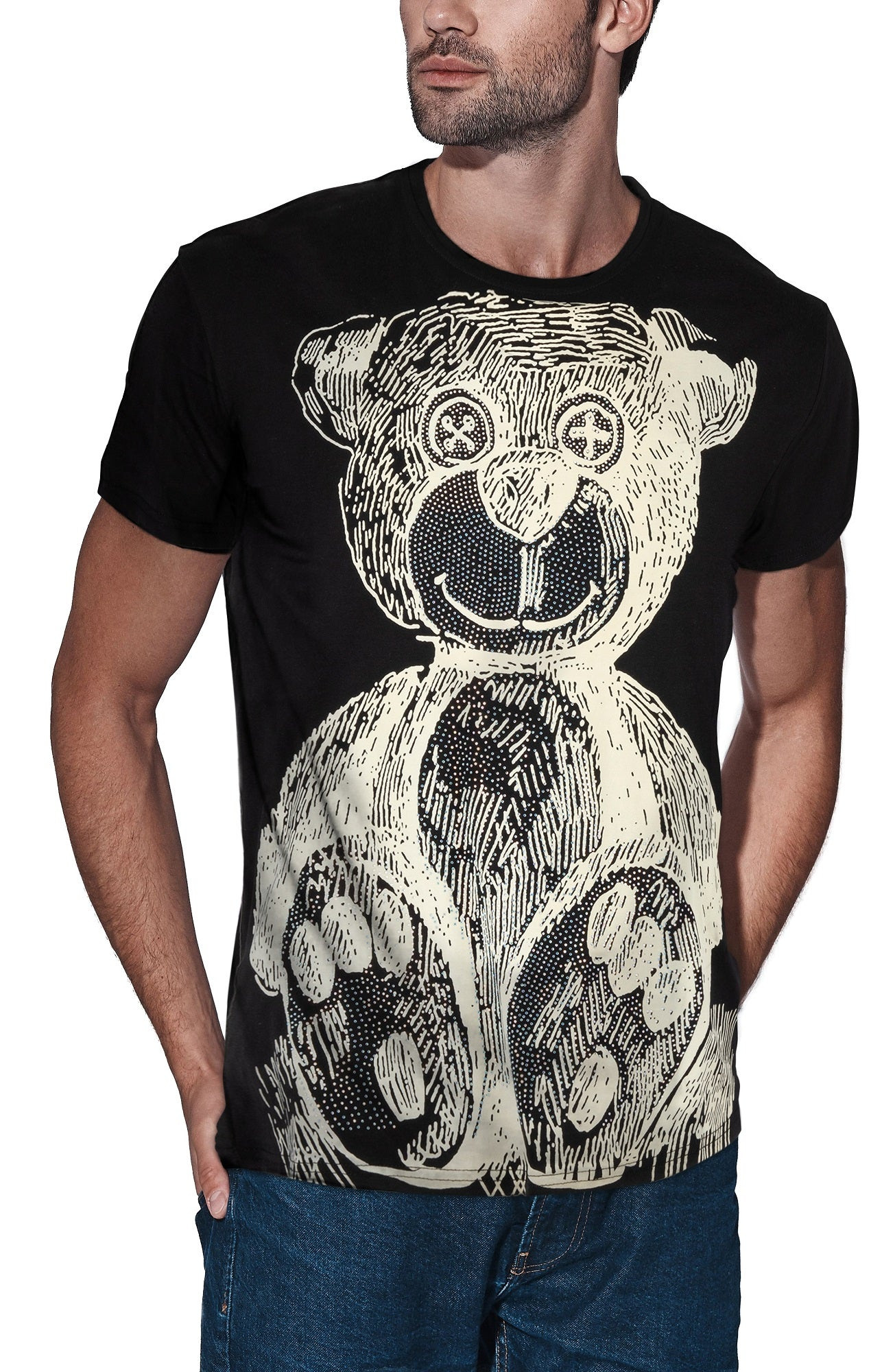 HEADS OR TAILS Men's Button Eye Teddy Bear Rhinestone Graphic T-Shirt