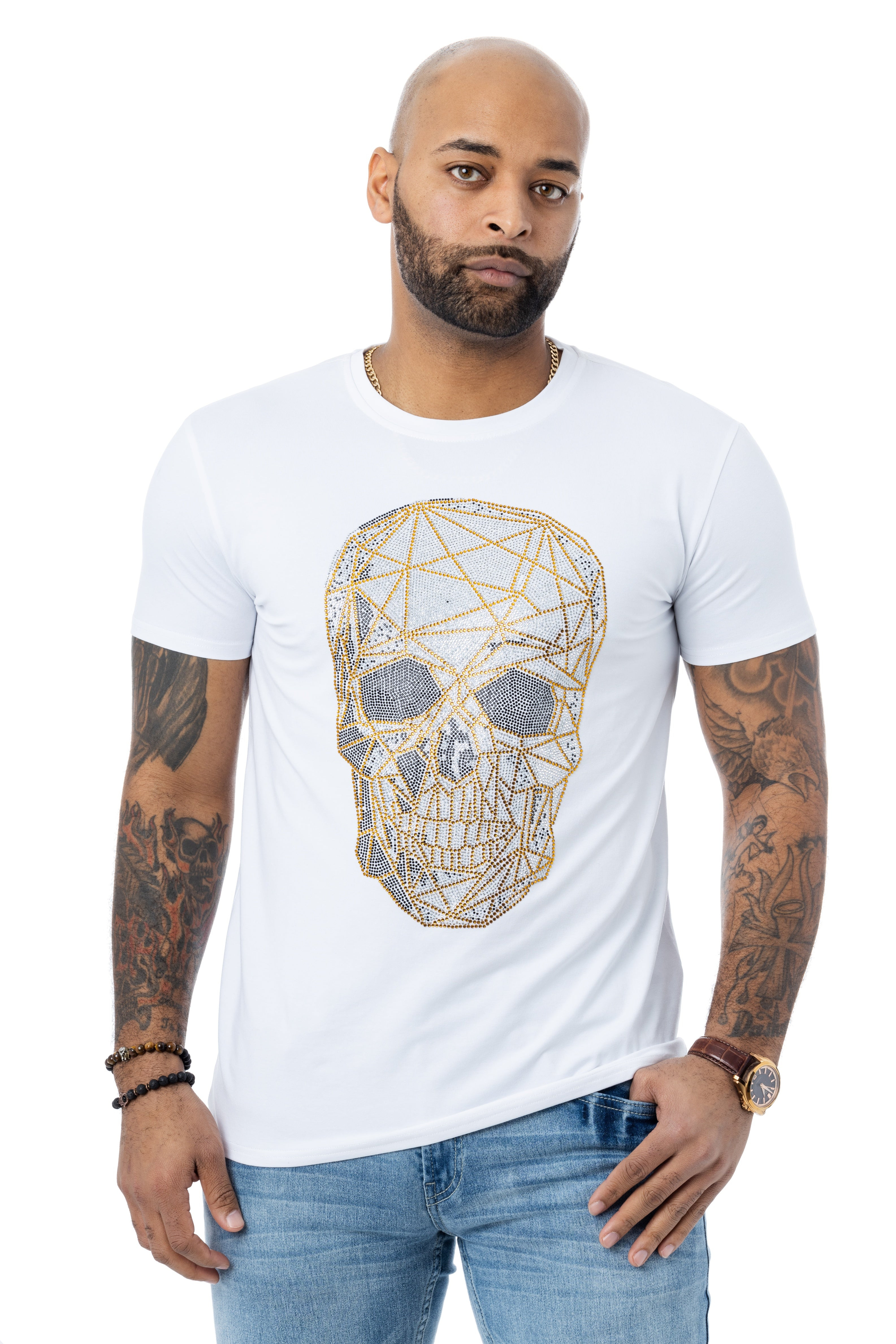 HEADS OR TAILS Men's 3D Polygon Lined Skull Rhinestone Graphic T-Shirt