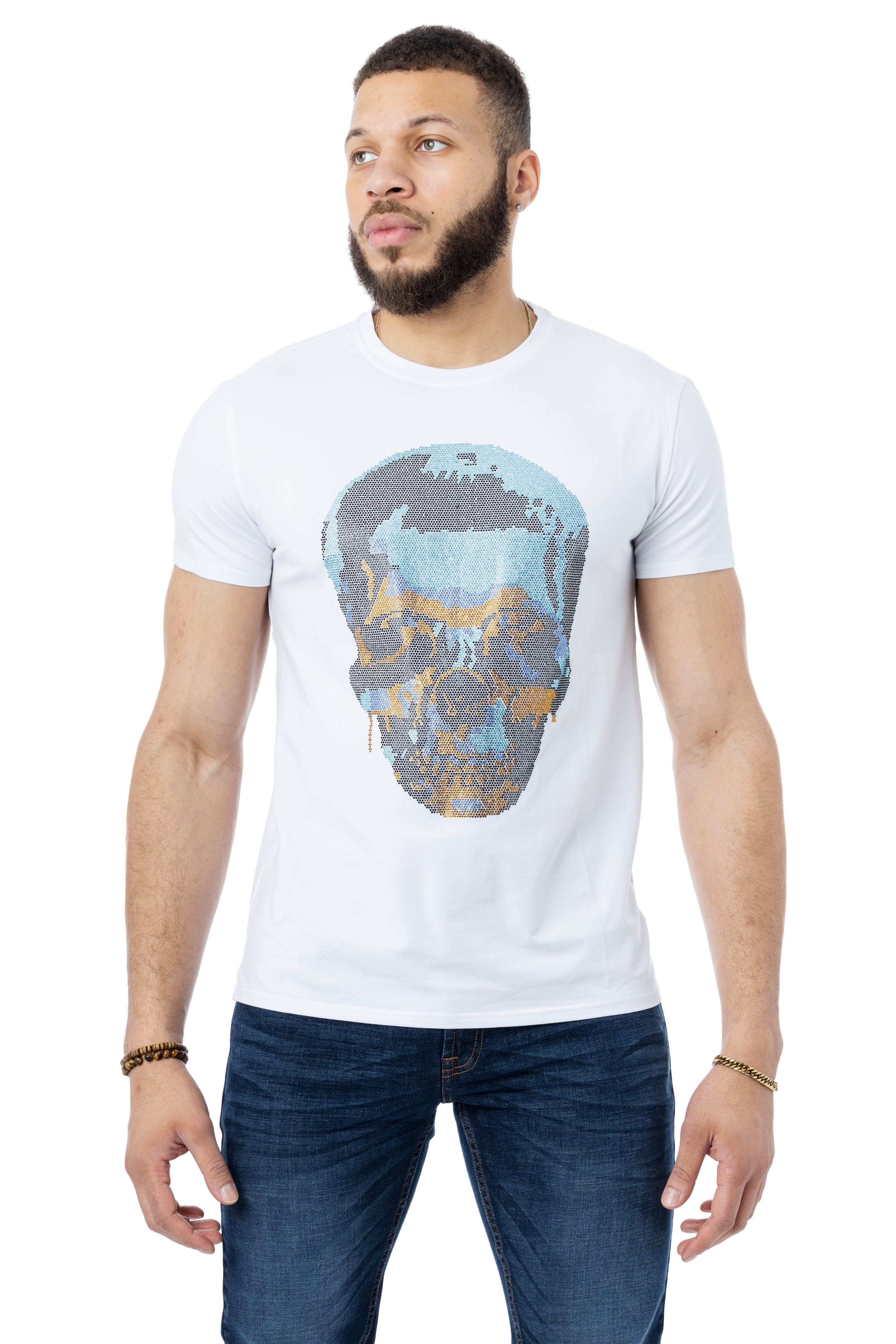 HEADS OR TAILS Men's Gold & Blue Skull Rhinestone Graphic T-Shirt