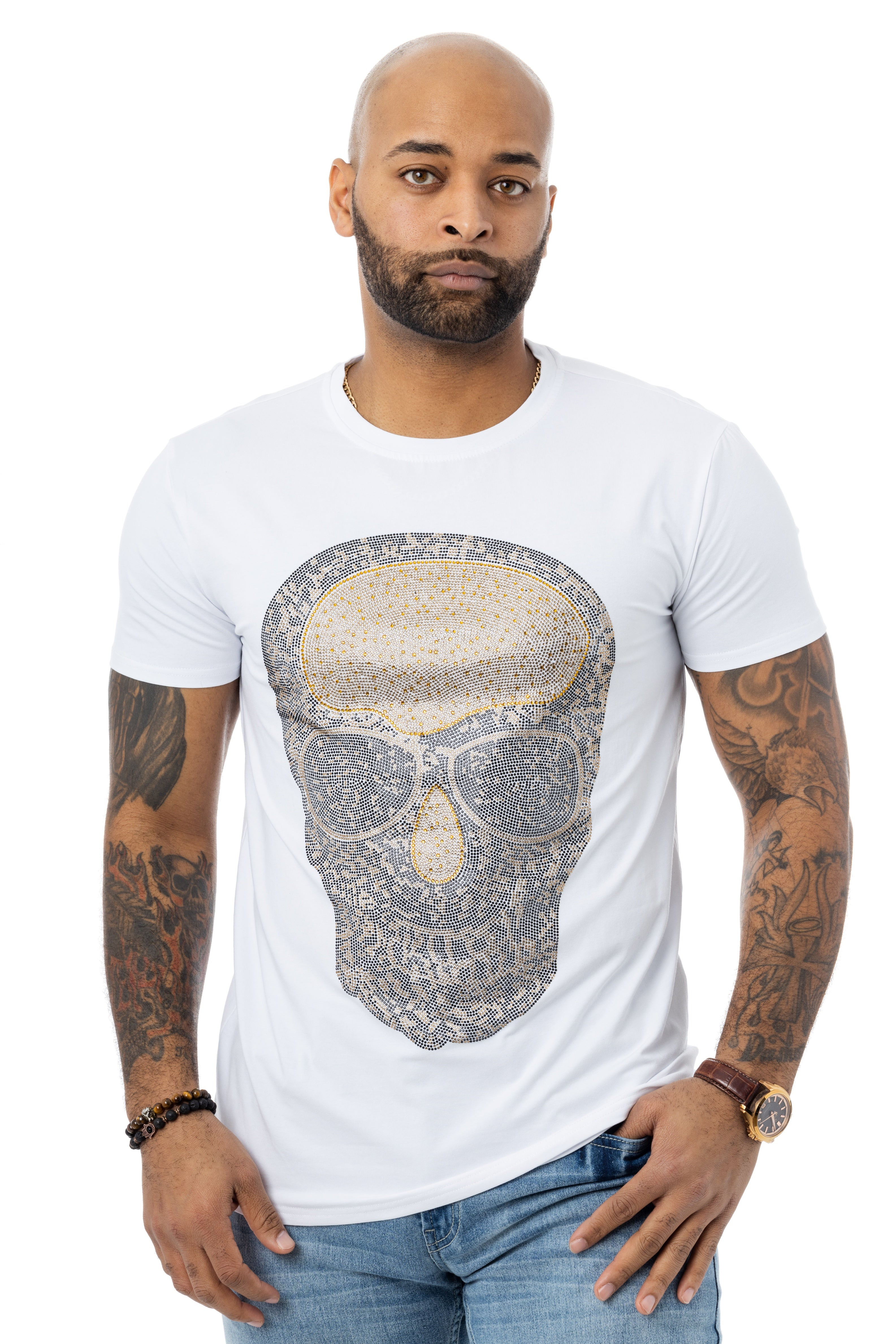 HEADS OR TAILS Men's Skull With Sunglasses Rhinestone Graphic T-Shirt