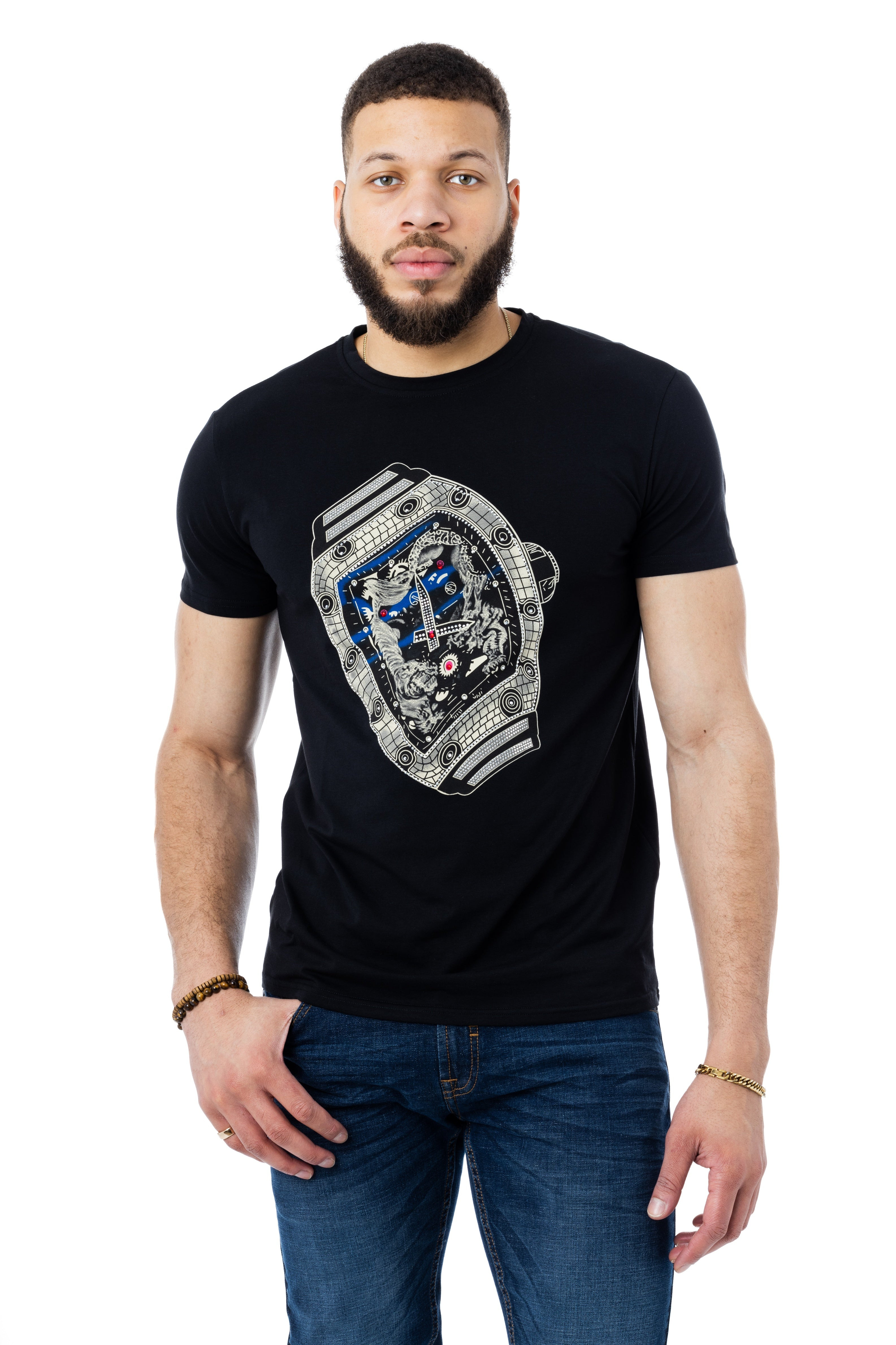 HEADS OR TAILS Men's Silver Watch Rhinestone Graphic T-Shirt