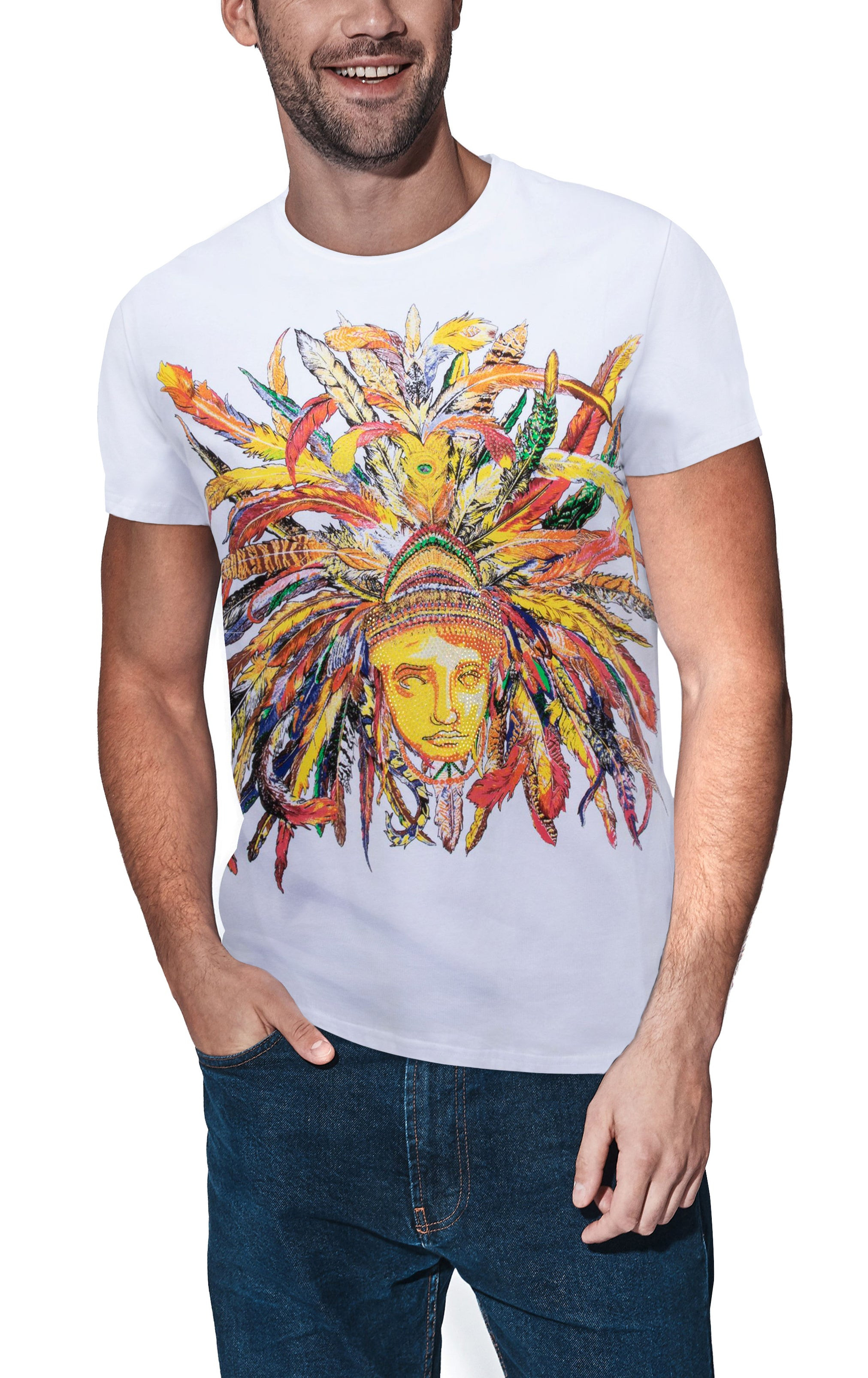 HEADS OR TAILS Men's Colorful Feathers Golden Mask Rhinestone Graphic T-Shirt