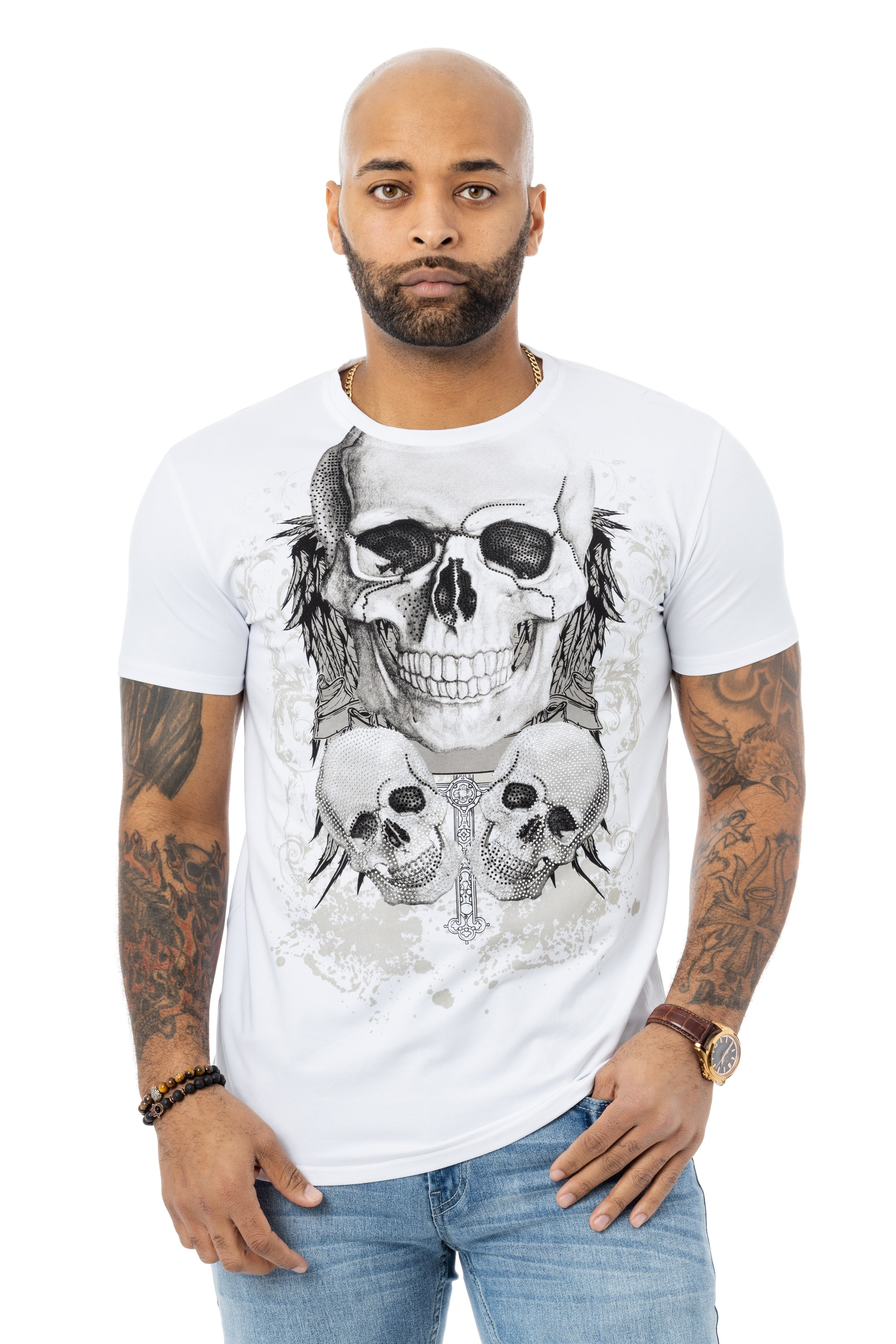 HEADS OR TAILS Men's 3 Skulls Rhinestone Graphic T-Shirt