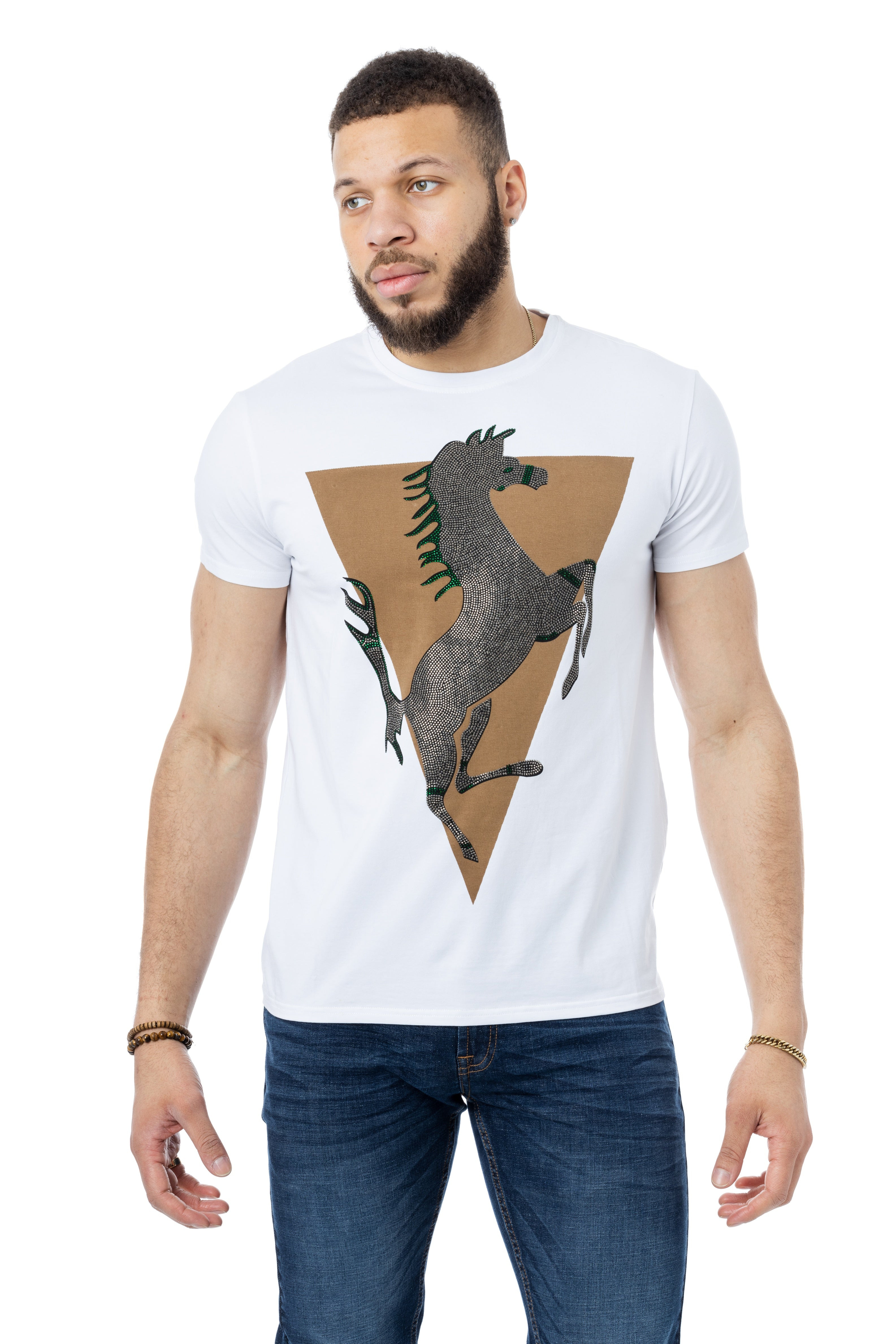 HEADS OR TAILS Men's Horse Rhinestone Graphic T-Shirt