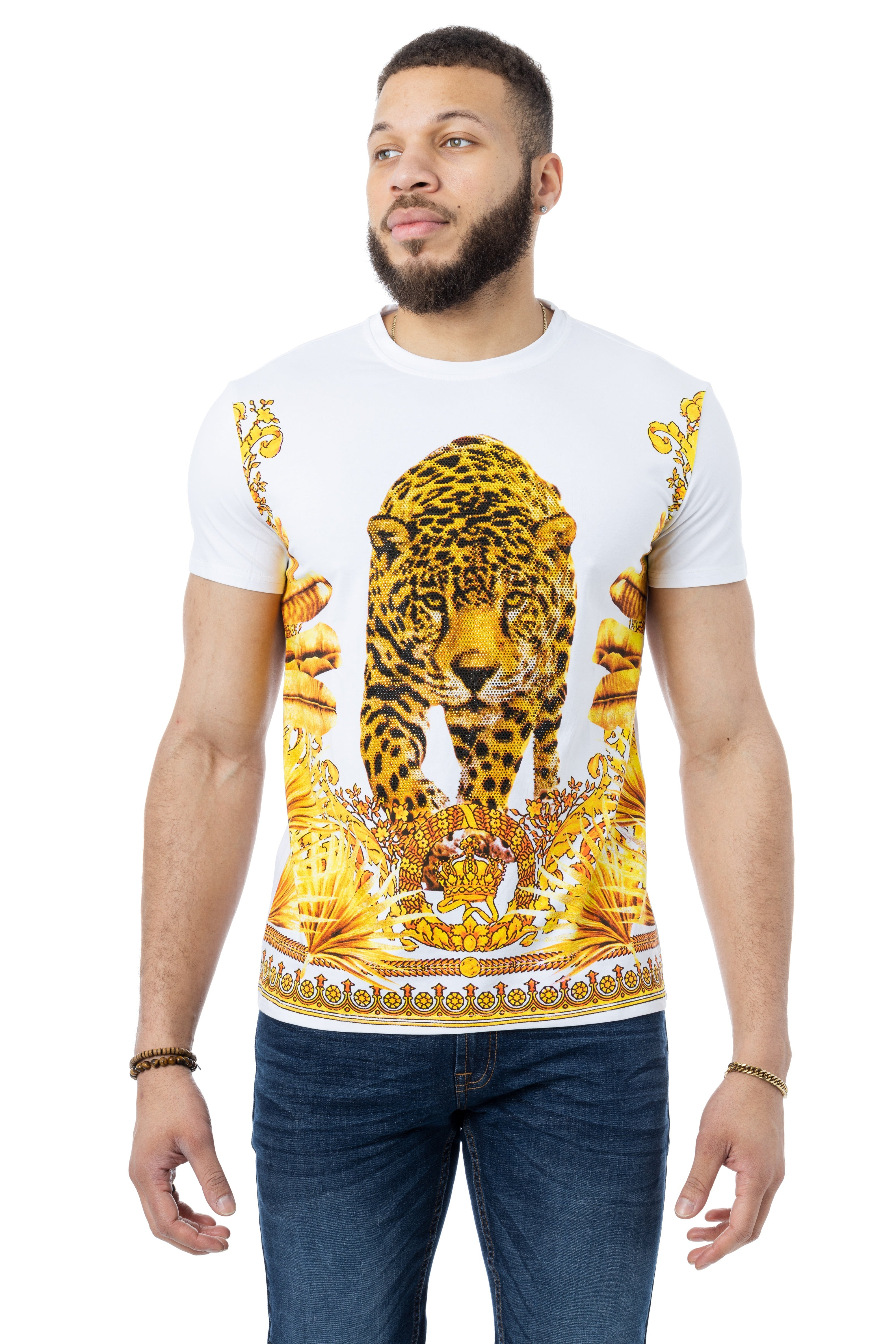 HEADS OR TAILS Men's Royal Leopard Rhinestone Graphic T-Shirt