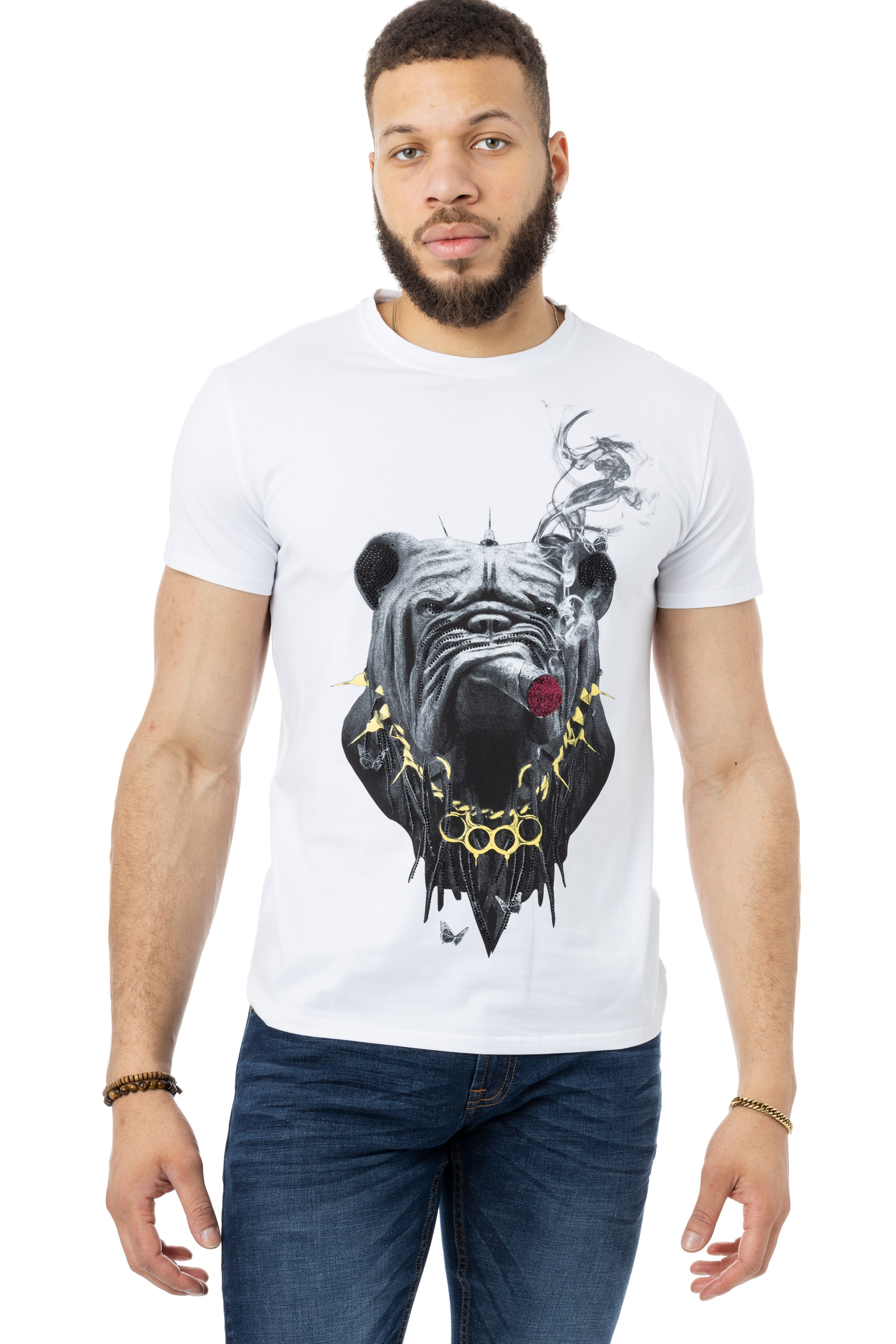 HEADS OR TAILS Men's Bulldog Smoking Rhinestone Graphic T-Shirt