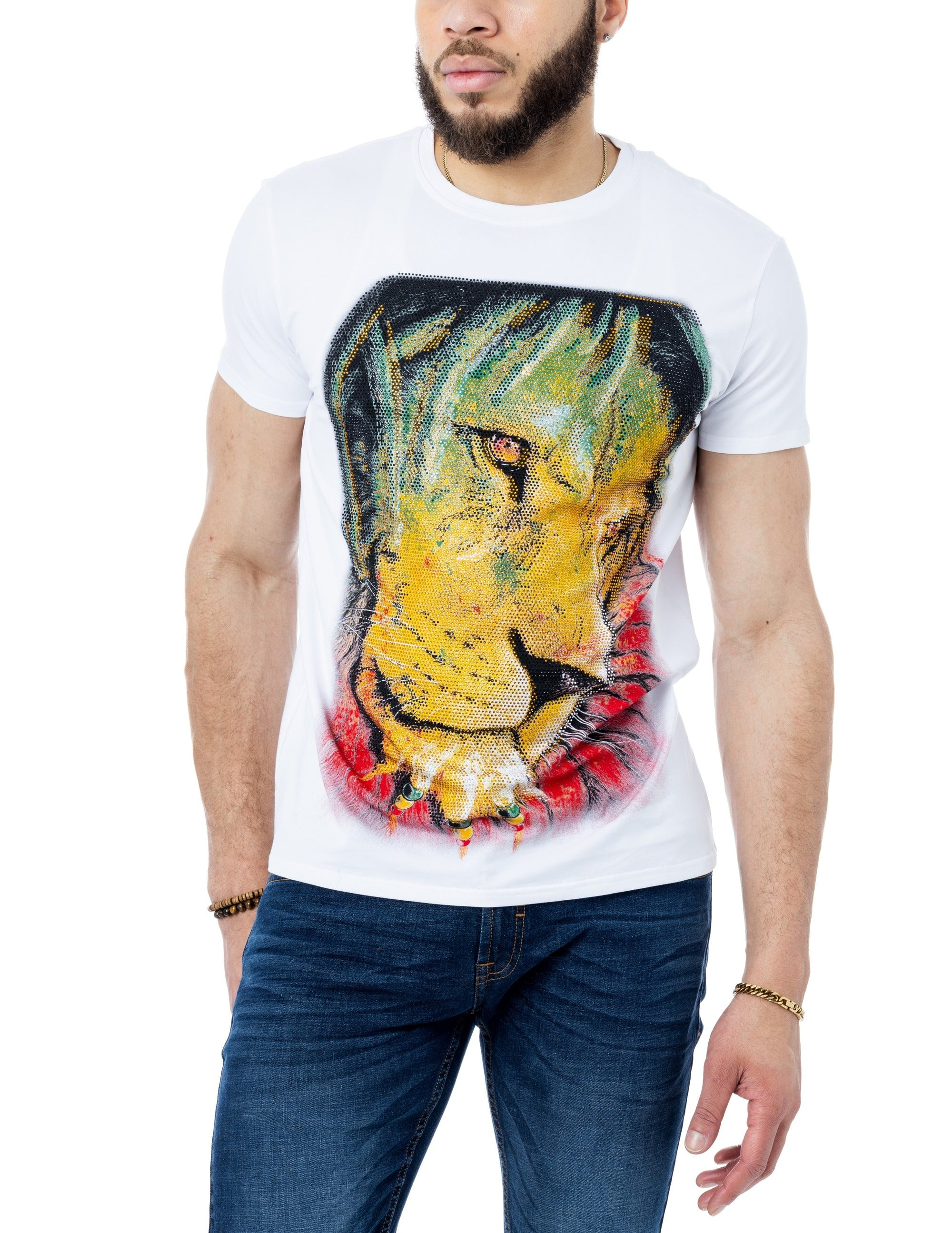 HEADS OR TAILS Rhinestone Studded Graphic Printed T-Shirt