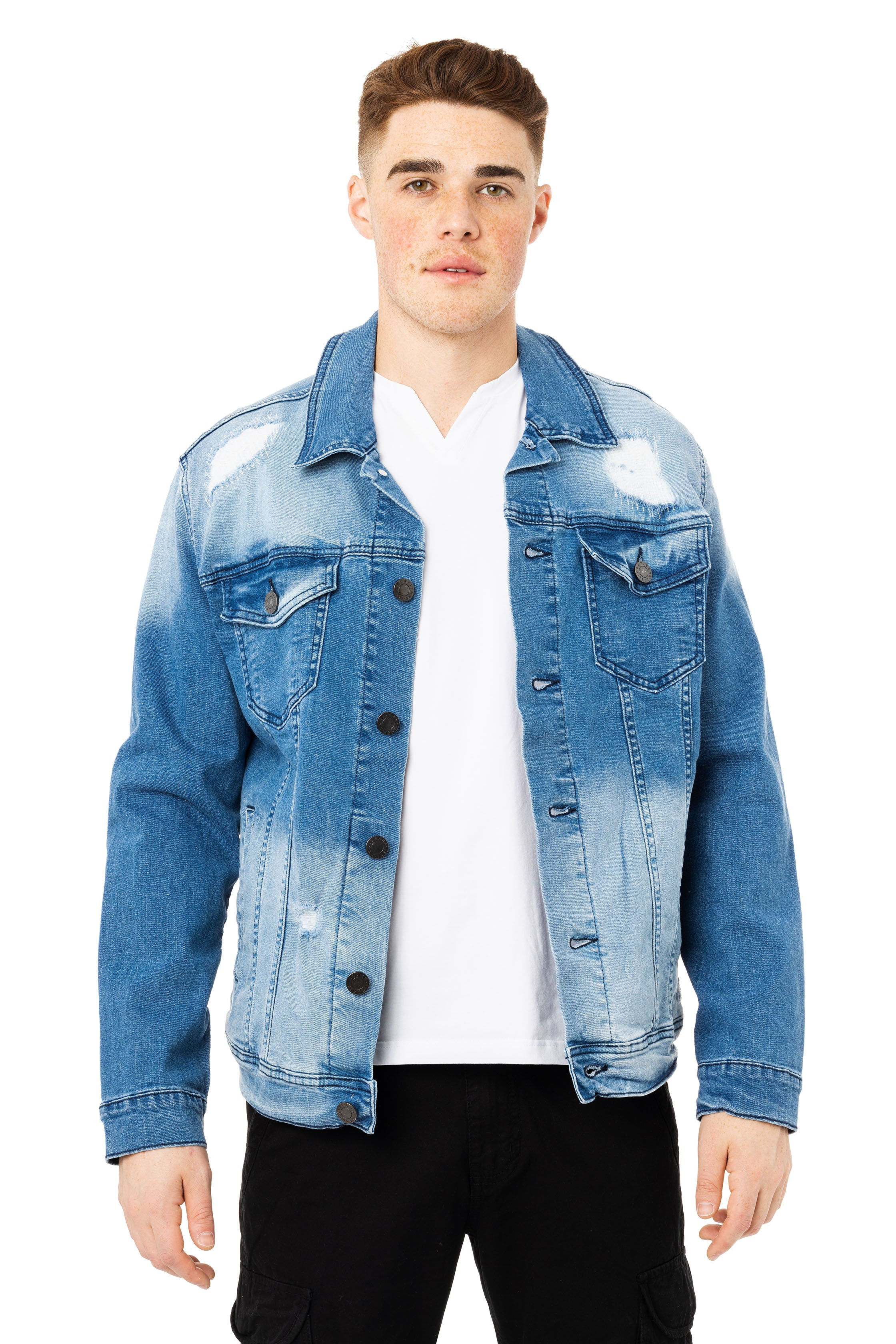 X RAY Men's Washed Trucker Rip Denim Jacket