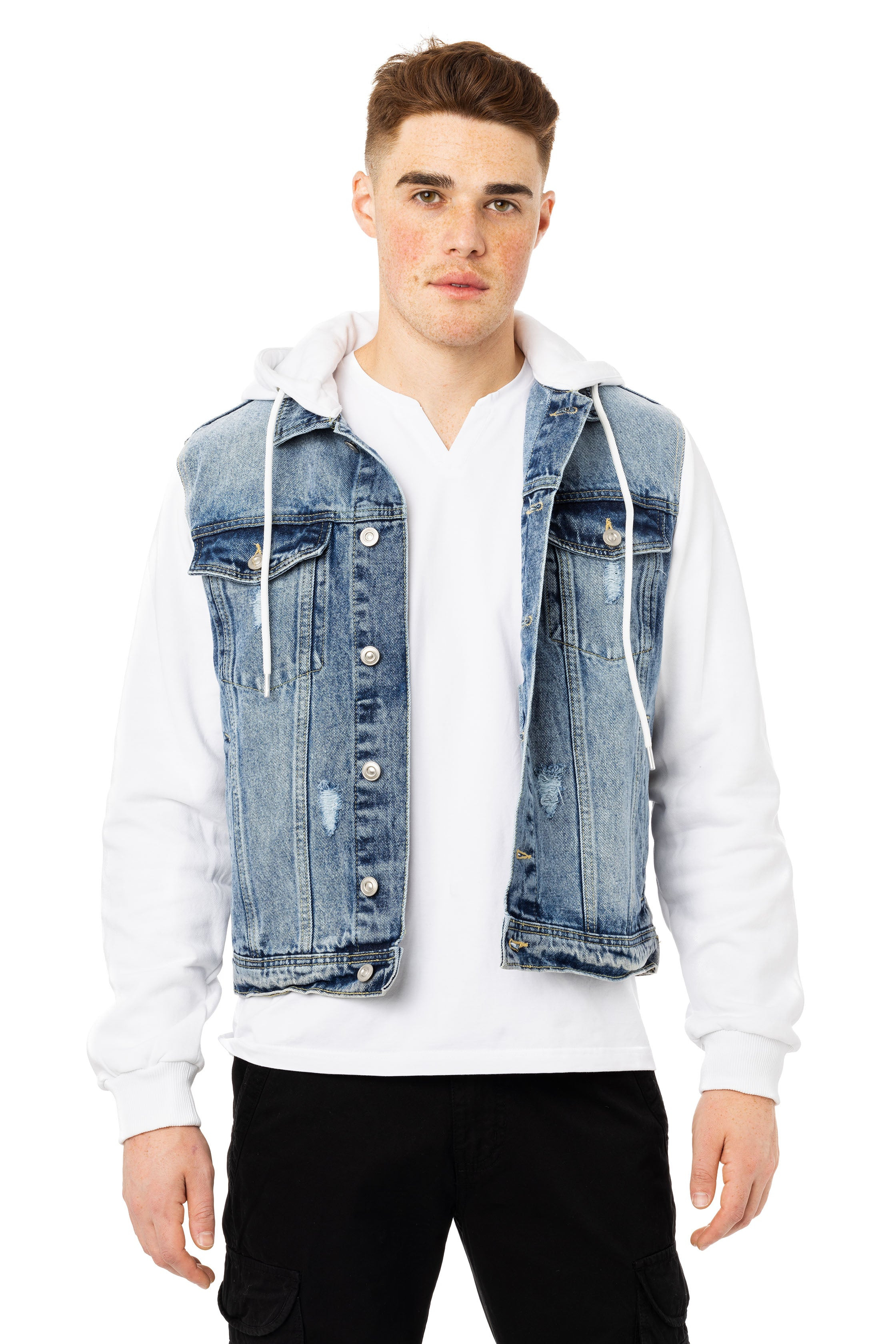 X RAY Men's Washed Trucker Denim Jacket With Fleece Hood & Sleeves