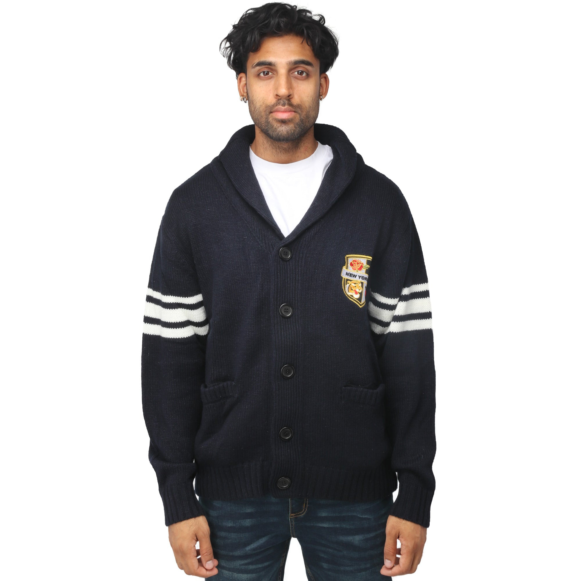 X RAY Shawl Collar Heavy Gauge Cardigan With City Patch